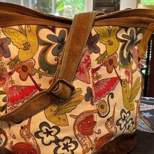 Lucky Brand Tan and Green Floral Tote Bag with Leather Accents